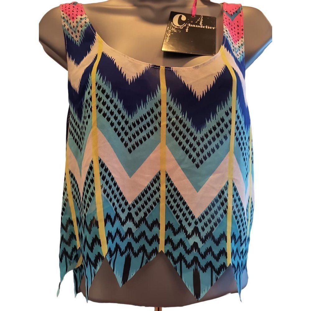 NWT Chandelier sheer blue pink white and black tribal print racerback crop top